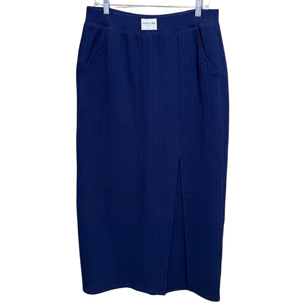 Offline by Aerie COFFEE RUN MAXI SKIRT L Navy Blue Quilted Knit Front Slit NEW - Picture 2 of 12